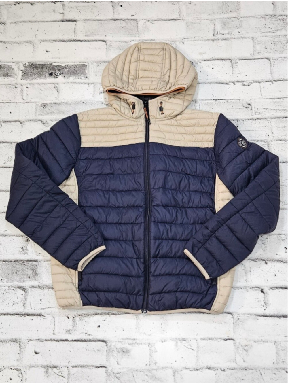 Point Zero Ultralight Navy Beige Hooded Puffer Jacket Heat Retention Size L